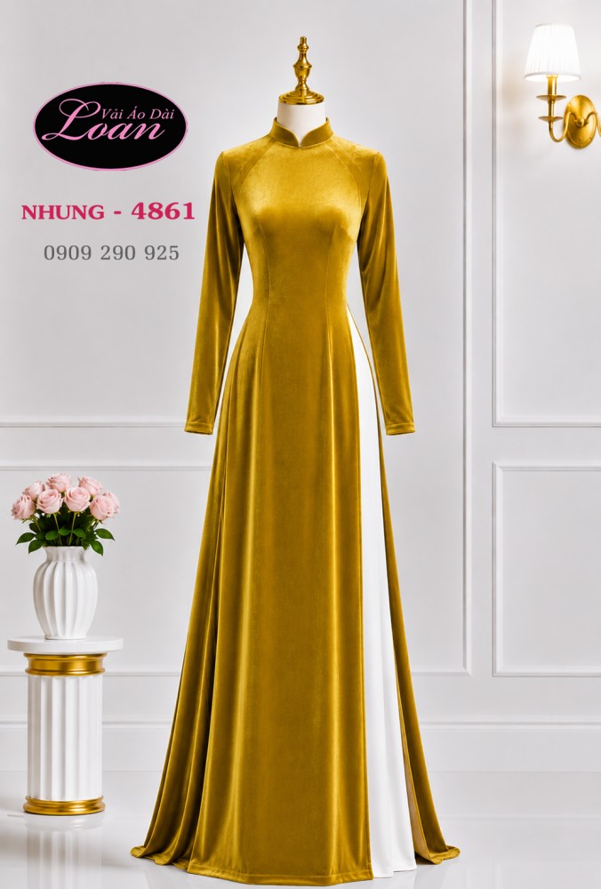 Vải áo dài nhung trơn màu vàng đồng
