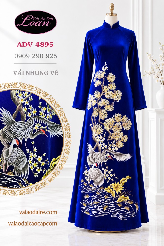 Vải áo dài nhung vẽ chim hạc