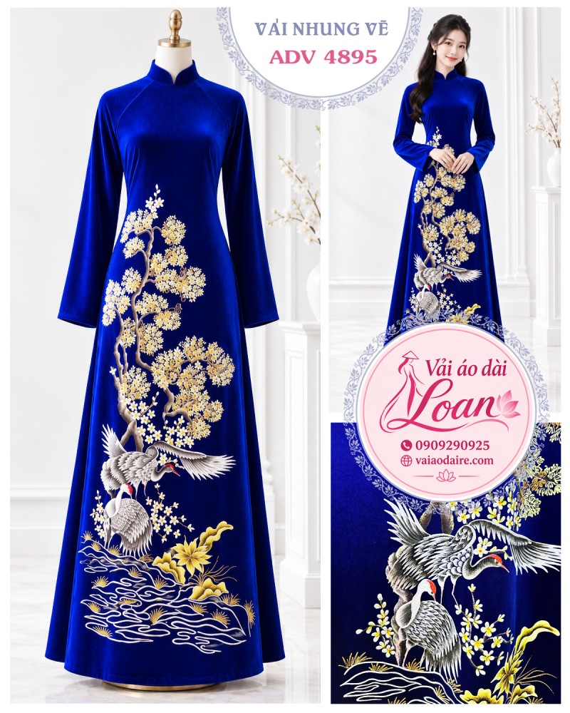 Vải áo dài nhung vẽ chim hạc