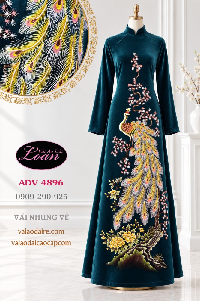 Vải áo dài nhung vẽ chim công