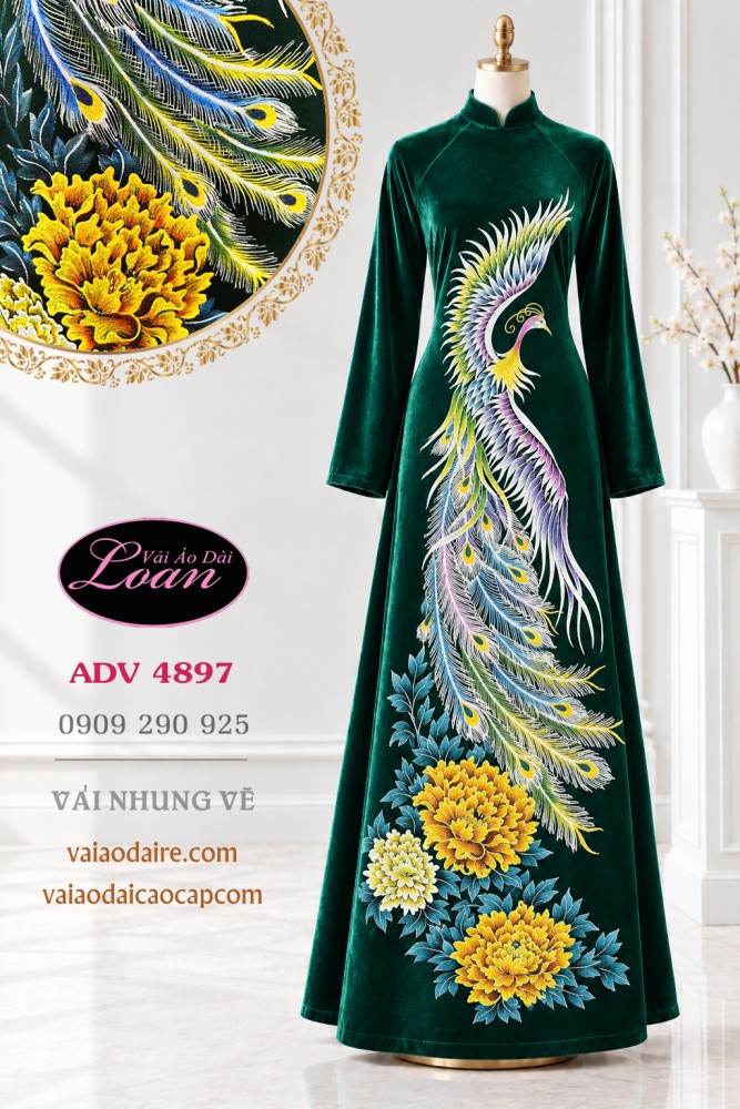 Vải áo dài nhung vẽ chim phượng hoàng