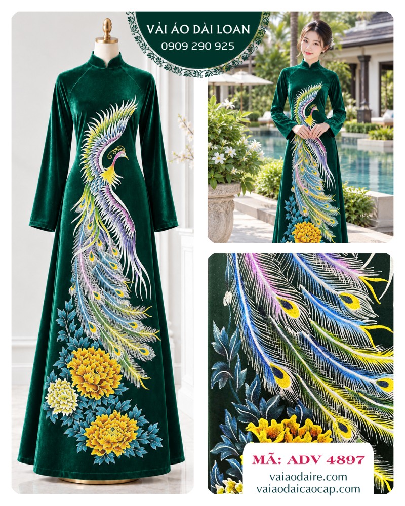 Vải áo dài nhung vẽ chim phượng hoàng
