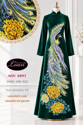 Vải áo dài nhung vẽ chim phượng hoàng-V3D 13199