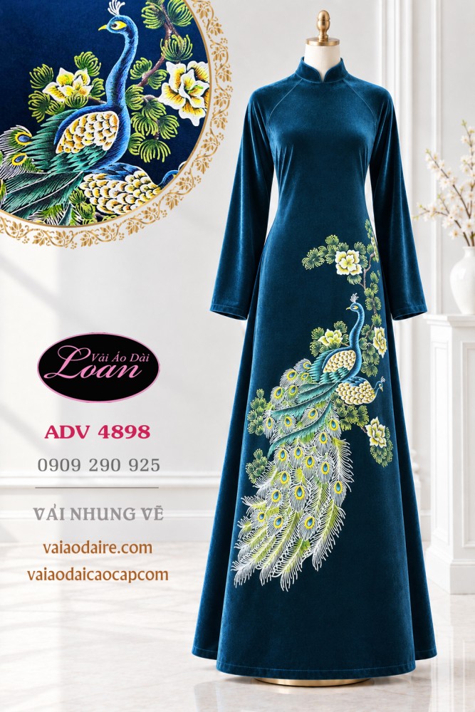 Vải áo dài nhung vẽ chim công