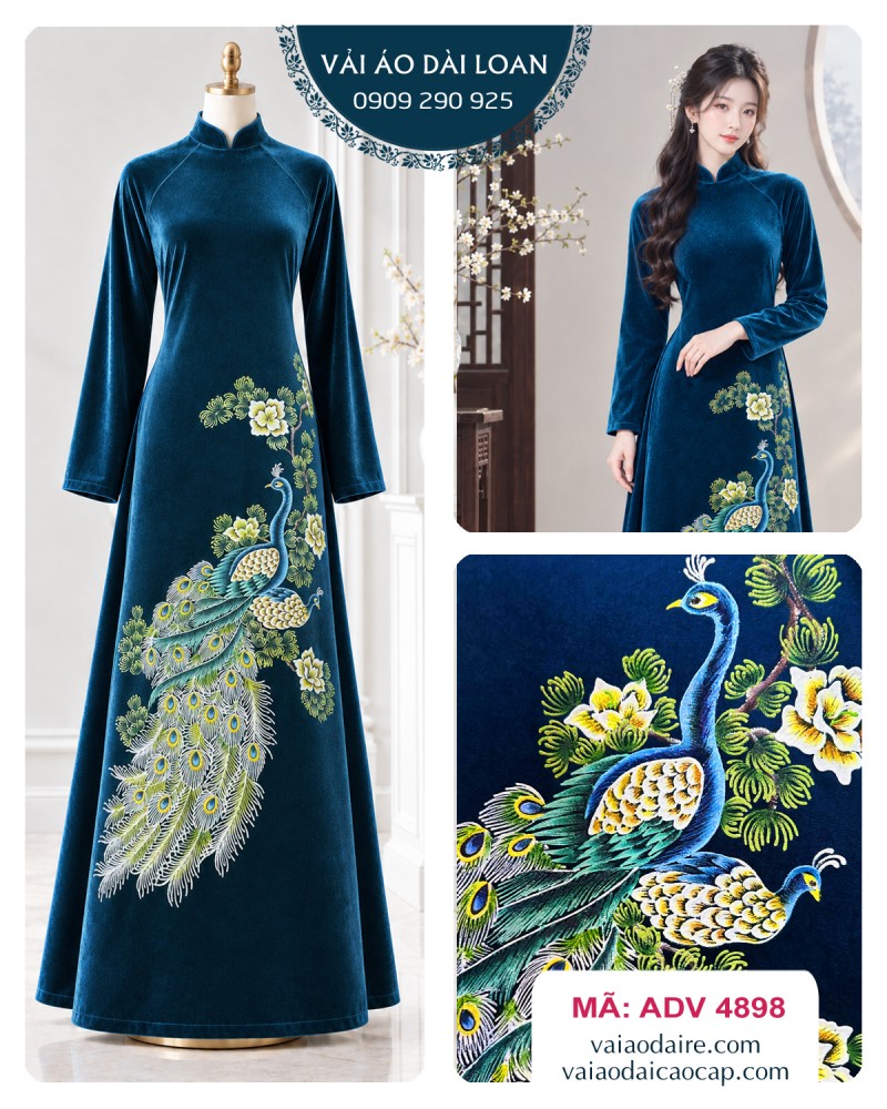 Vải áo dài nhung vẽ chim công