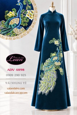 Vải áo dài nhung vẽ chim công-V3D 13200