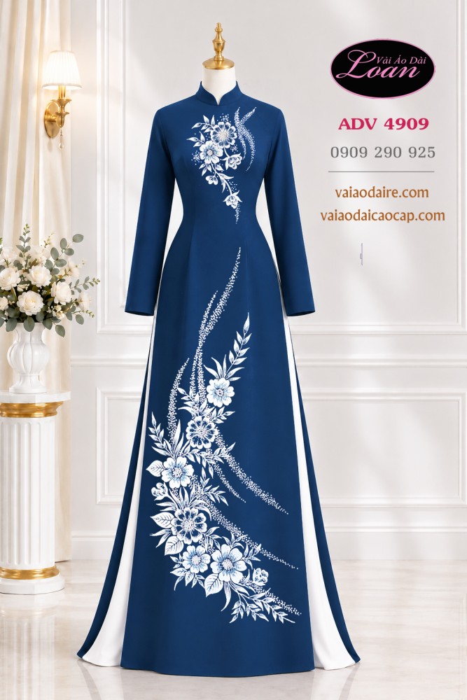 Vải áo dài hoa vẽ - kết cườm