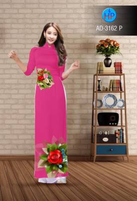 Vải áo dài hoa Hồng 3D trên dưới-DT 2498