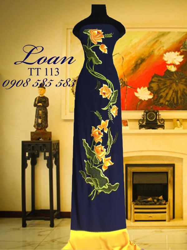 Vải áo dài thêu hoa sen