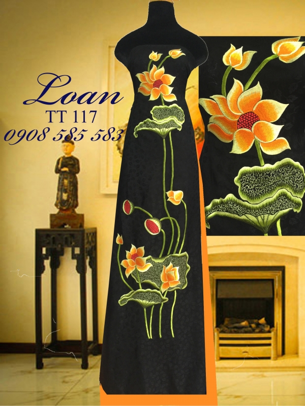 Vải áo dài tơ tằm thêu hoa sen