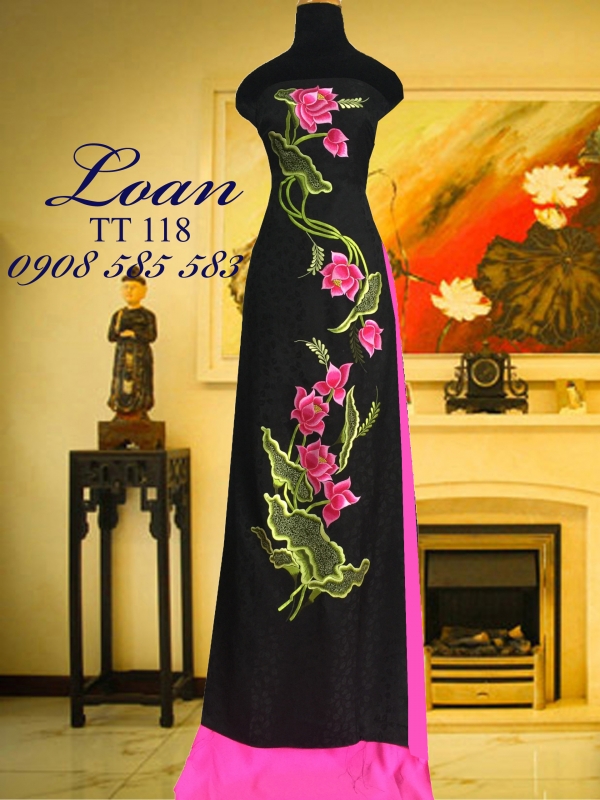 Vải áo dài tơ tằm thêu hoa sen