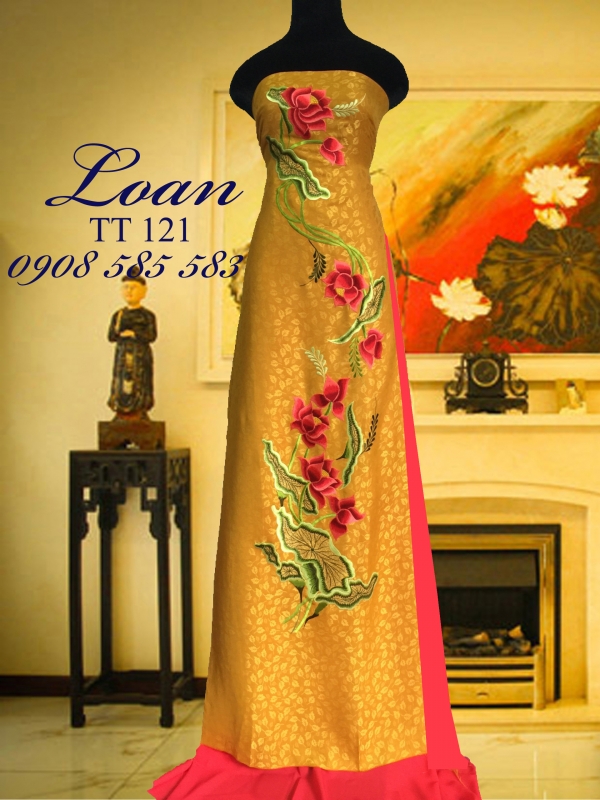 Vải áo dài tơ tằm thêu hoa sen