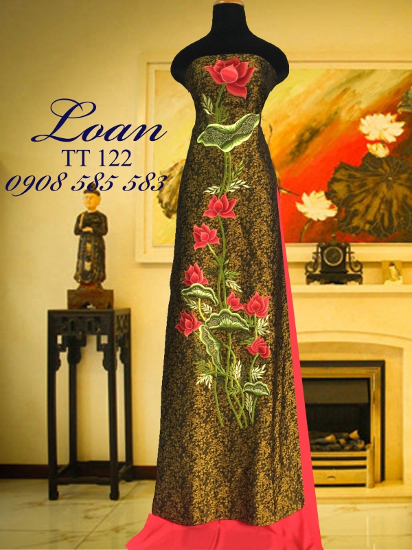 Vải áo dài tơ tằm thêu hoa sen