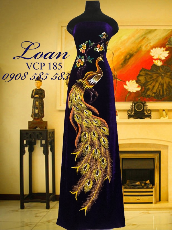 Vải áo dài nhung vẽ chim công