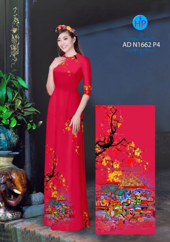 Vải áo dài phong cảnh Tết