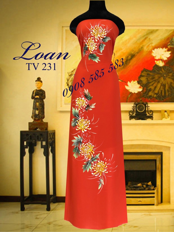 Vải áo dài vẽ hoa cúc