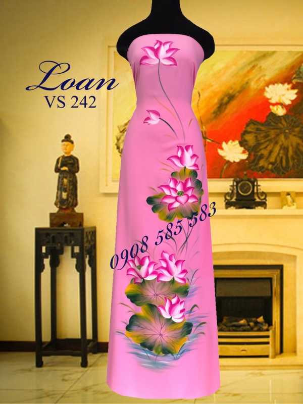 Vải áo dài vẽ hoa sen
