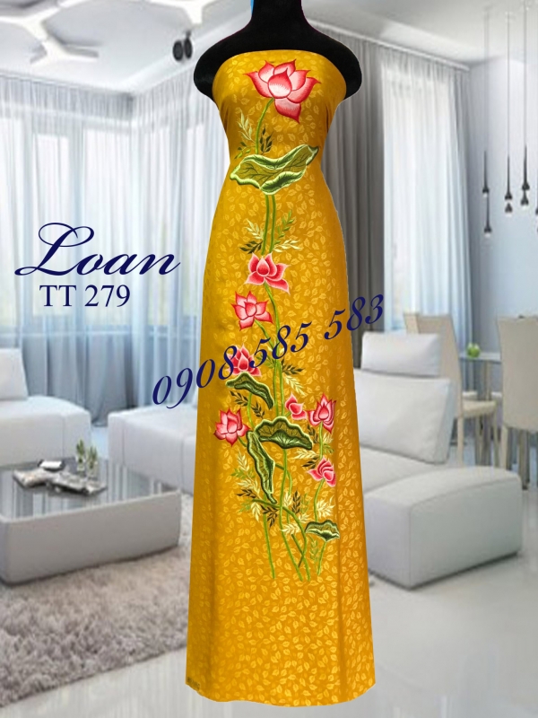Vải áo dài tơ tằm thêu hoa Sen