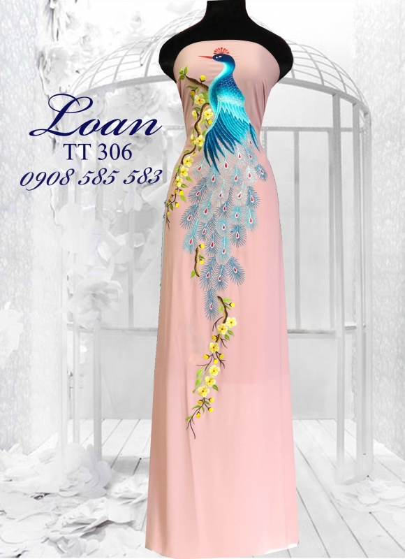 Vải áo dài thêu chim Công