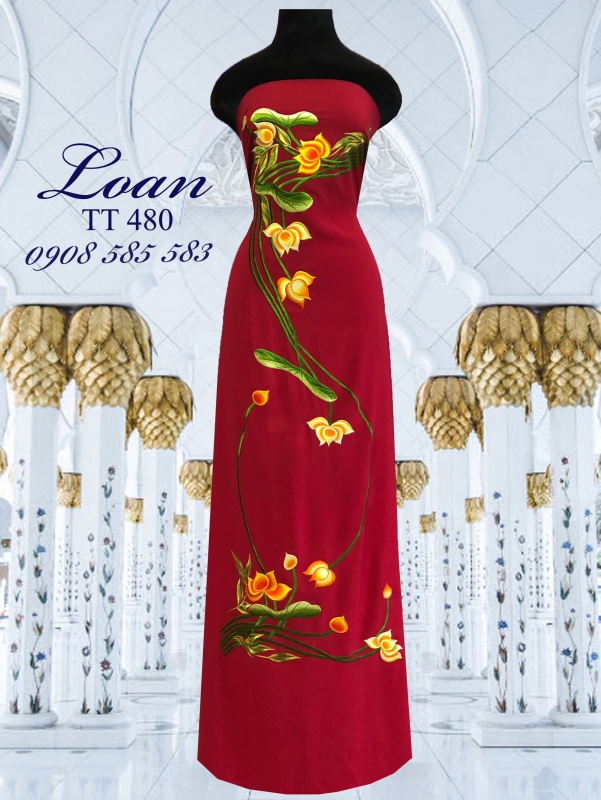 Vải áo dài thêu hoa Sen