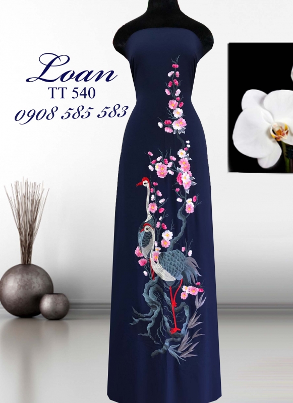 Vải áo dài thêu chim Hạc