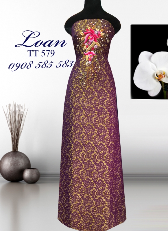 Vải áo dài tơ tằm thêu kết hoa