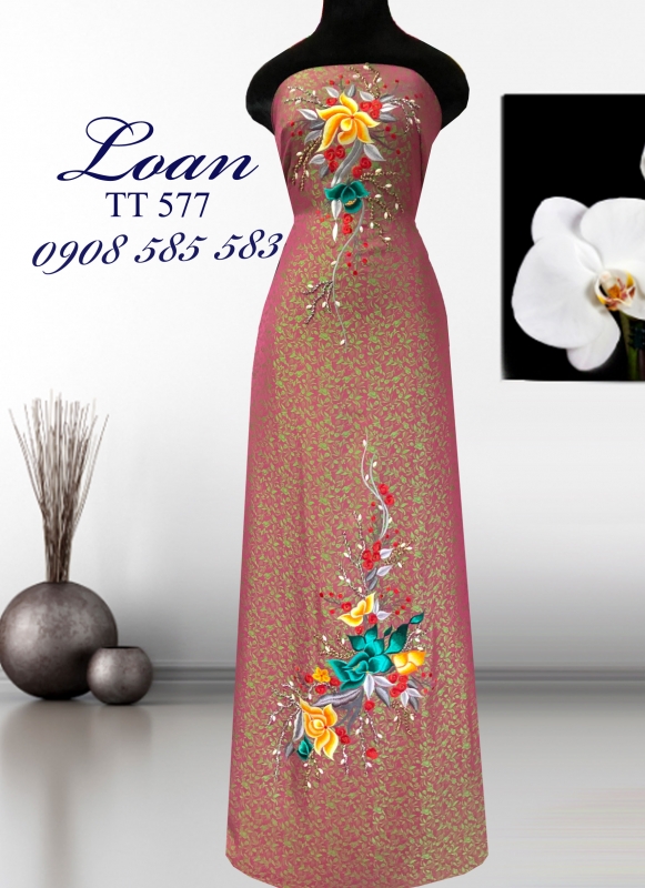 Vải áo dài tơ tằm thêu kết hoa