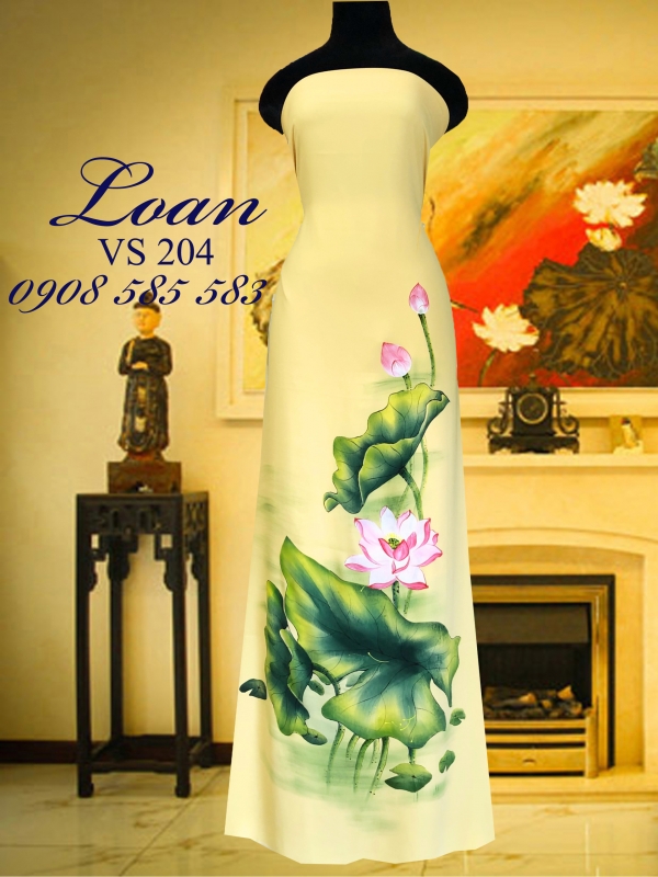 Vải áo dài vẽ hoa sen