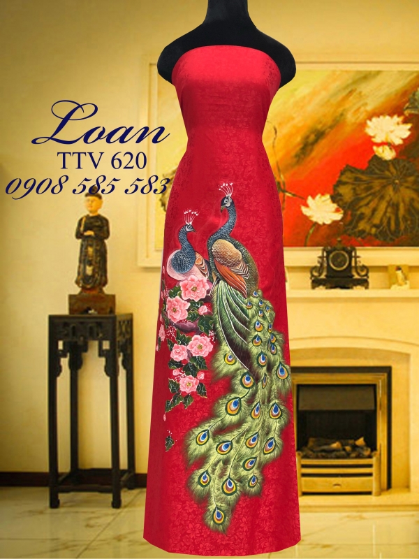 Vải áo dài tơ tằm vẽ chim Công