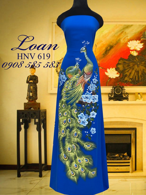 Vải áo dài vẽ chim Công cao cấp