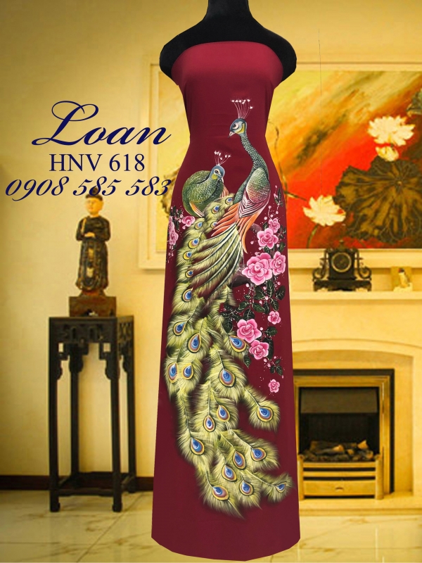 Vải áo dài vẽ chim Công cao cấp