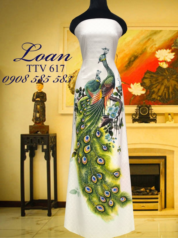 Vải áo dài tơ tằm vẽ chim Công