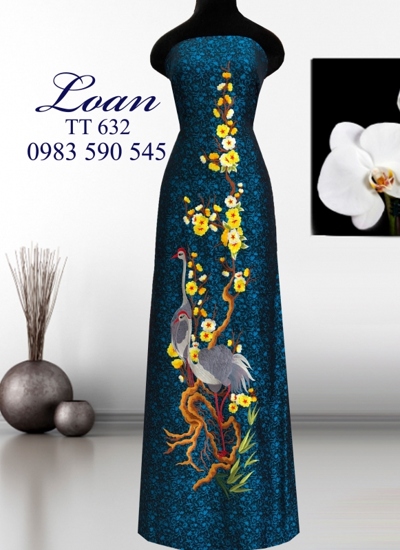 Vải áo dài tơ tằm thêu Hạc