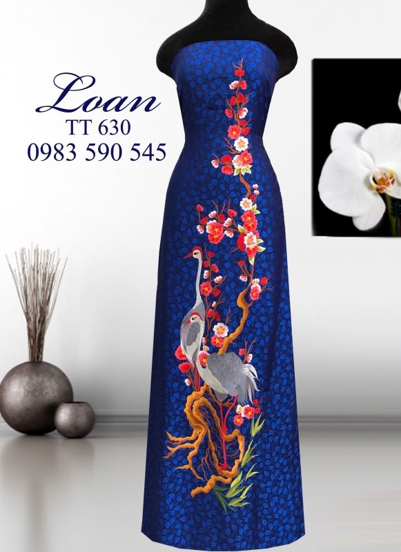 Vải áo dài tơ tằm thêu Hạc