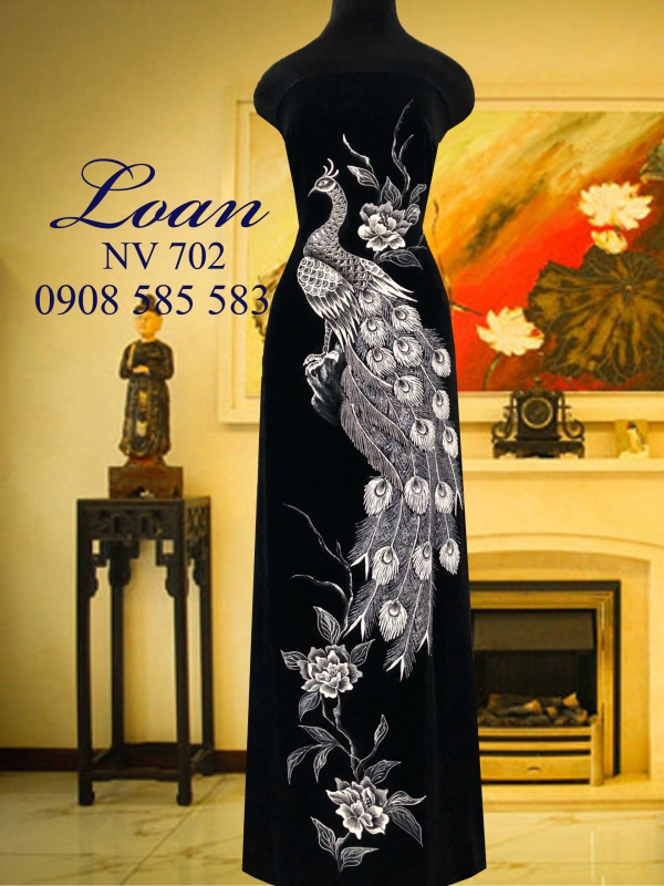 Vải áo dài nhung vẽ chim Công
