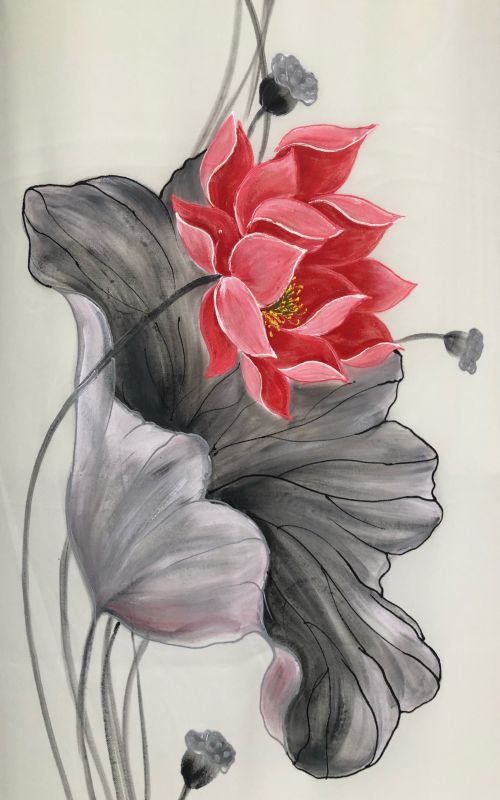 Vải áo dài vẽ hoa sen