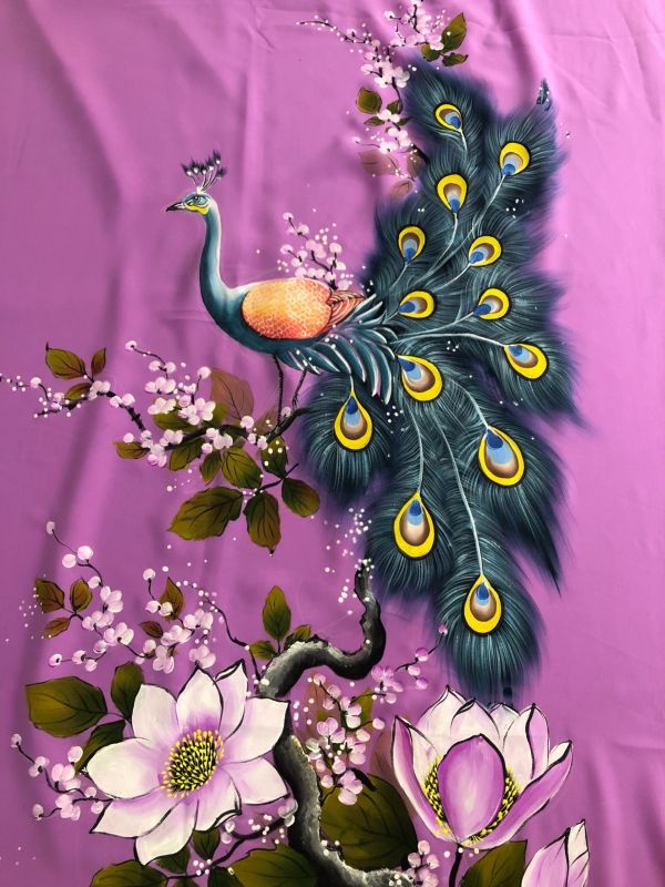 Vải áo dài vẽ chim Công