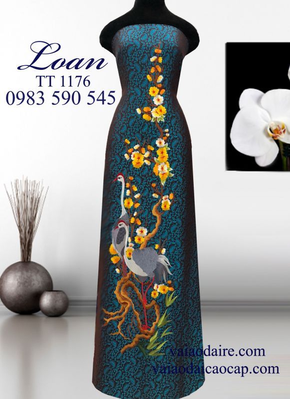 Vải áo dài tơ tằm thêu hạc