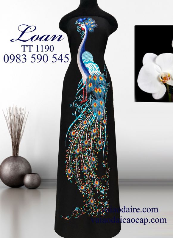 Vải áo dài tơ tằm thêu chim Công