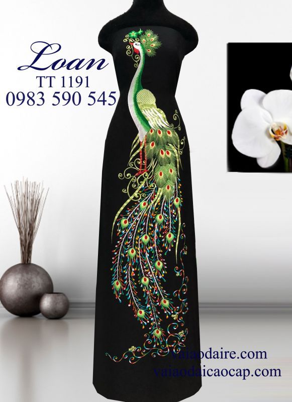 Vải áo dài tơ tằm thêu chim Công