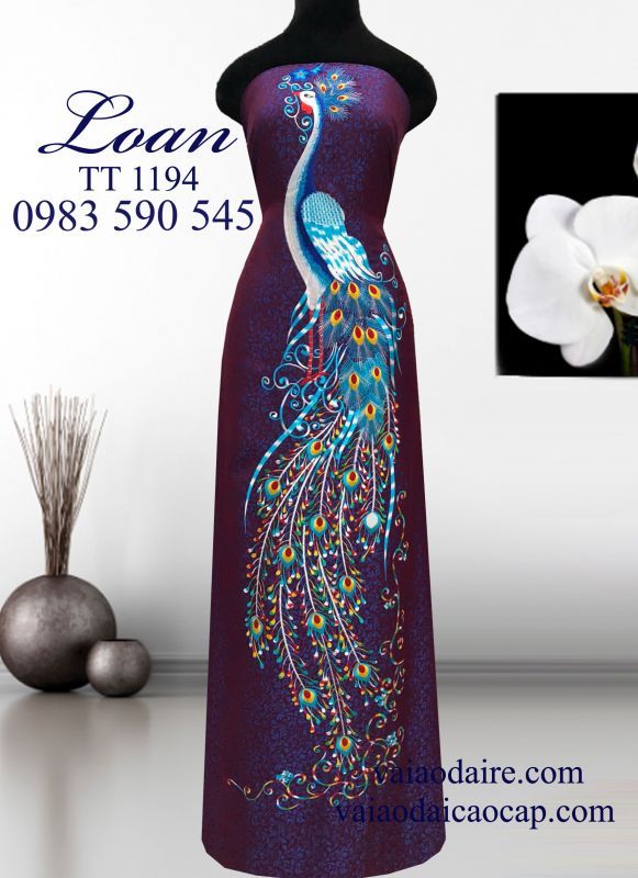 Vải áo dài tơ tằm thêu chim Công