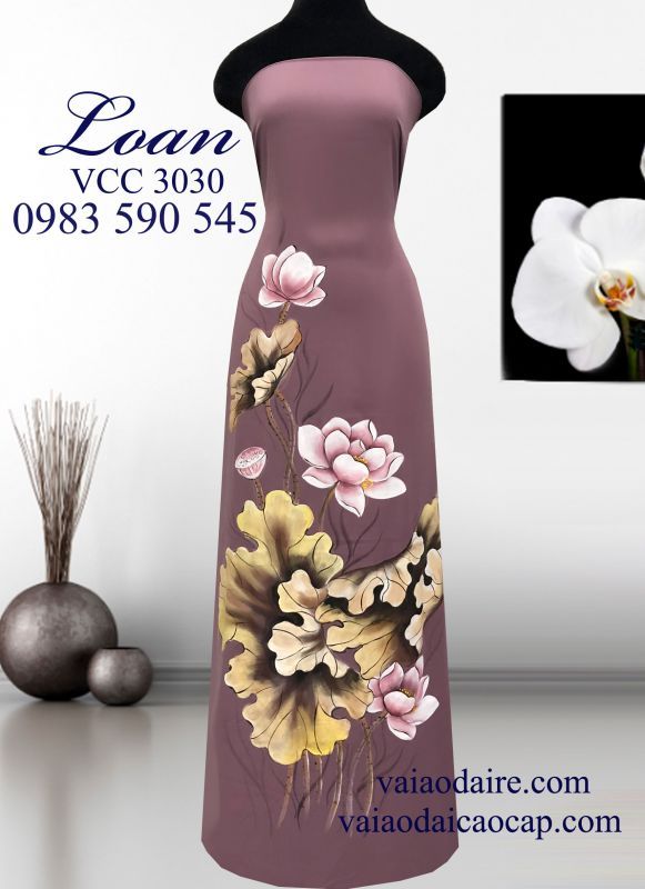 Vải áo dài vẽ hoa sen cao cấp