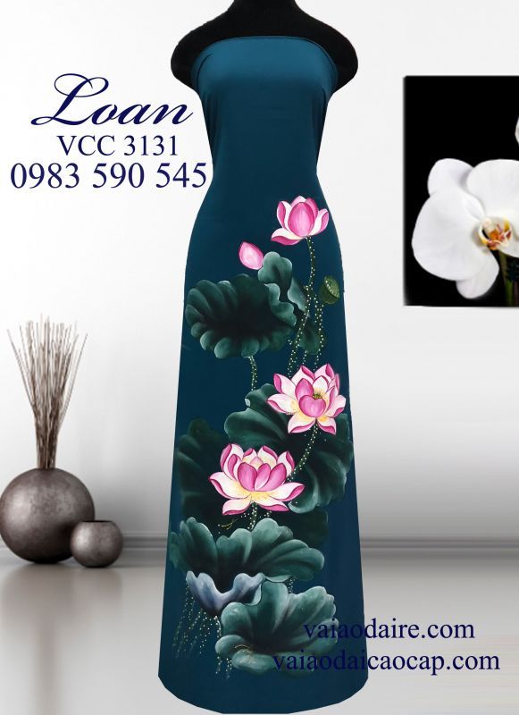 Vải áo dài vẽ hoa sen cao cấp