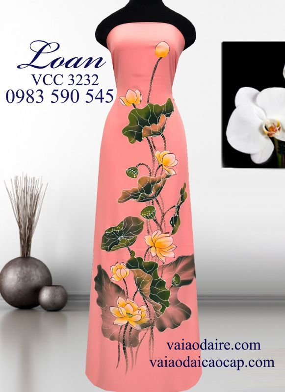 Vải áo dài vẽ hoa sen cao cấp