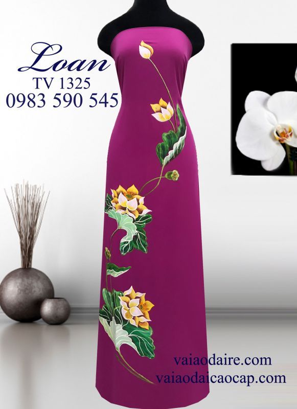 Vải áo dài hoa Sen vẽ sơn mài