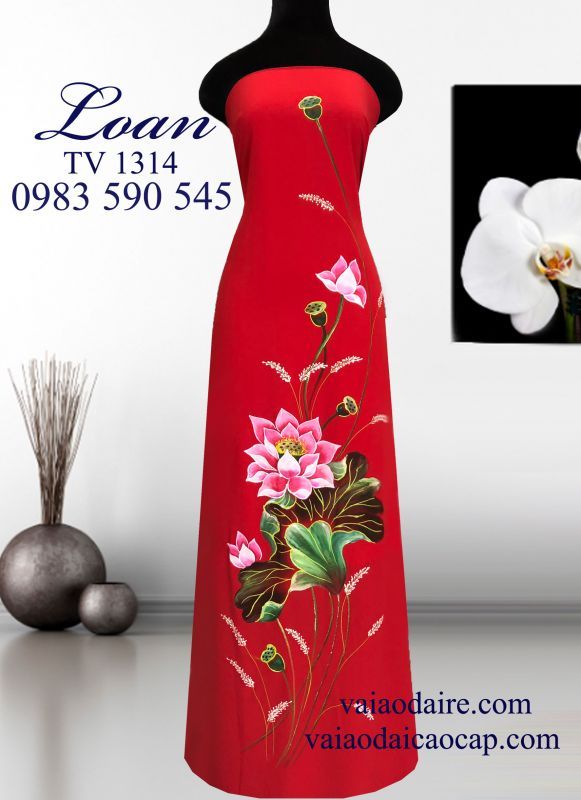 Vải áo dài hoa Sen vẽ sơn mài