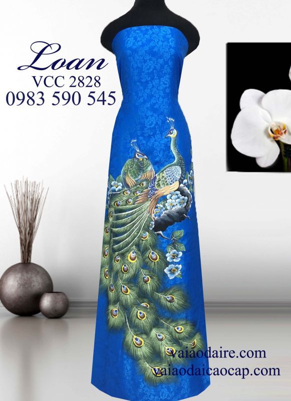 Vải áo dài tơ tằm vẽ chim Công