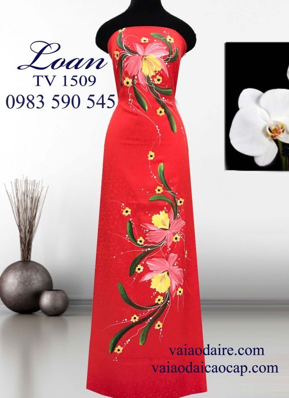 Vải áo dài tơ tằm vẽ hoa Lan