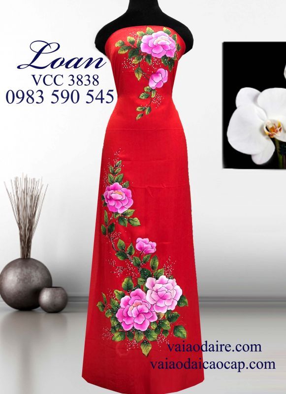 Vải áo dài tơ tằm vẽ Mẫu Đơn