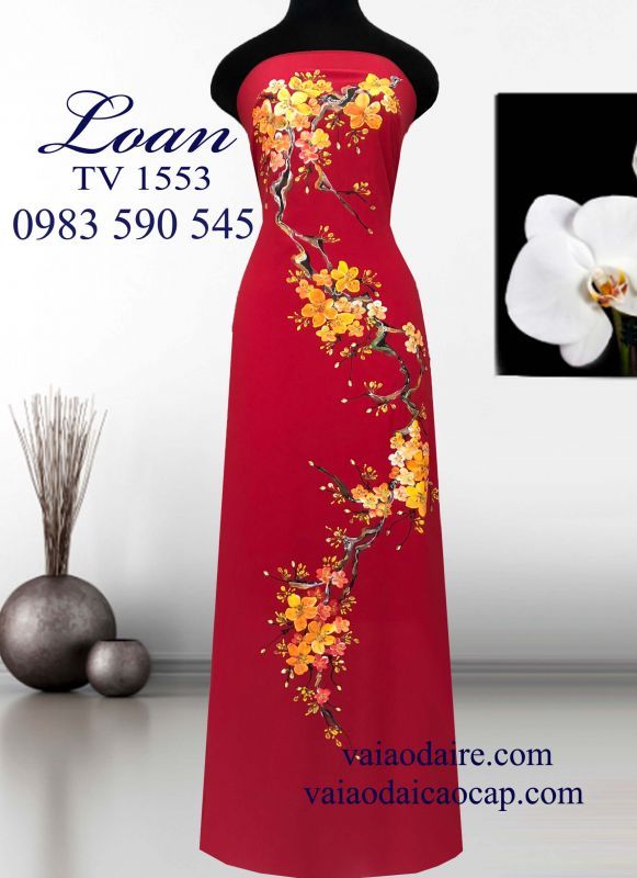 Vải áo dài vẽ hoa đào